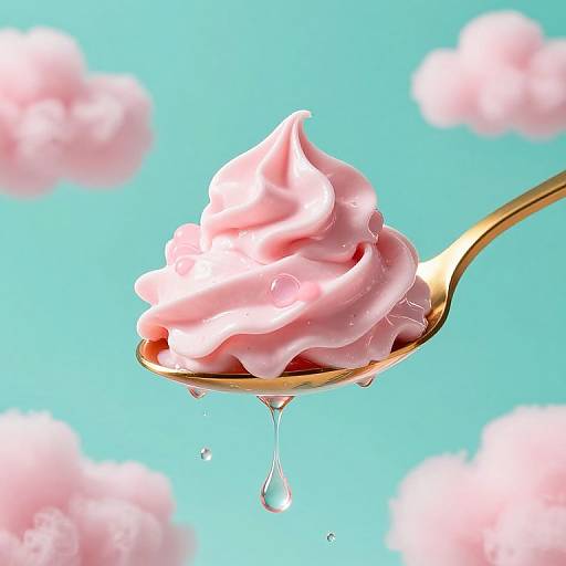 Digital illustration of pink whipped cream on a gold spoon, with droplets of water, set against a bright blue sky with fluffy pink clouds.