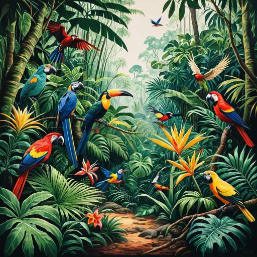 Colorful Exotic Birds in Tropical Rainforest