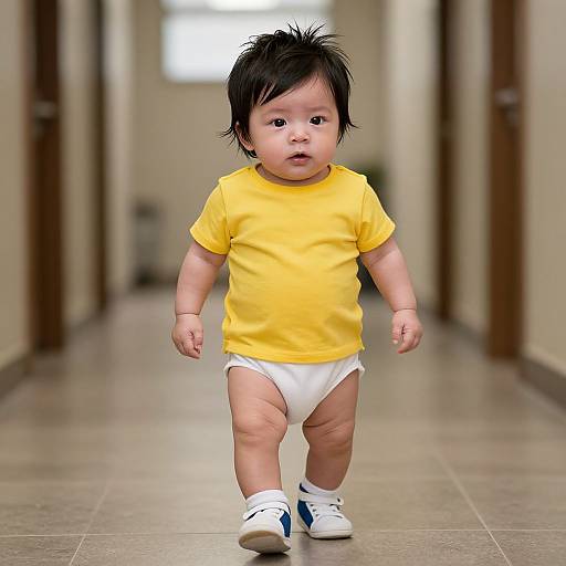 Photograph of an Asian toddler with spiky black hair, wearing a yellow shirt, white diaper, and white sneakers with blue accents, walking down a