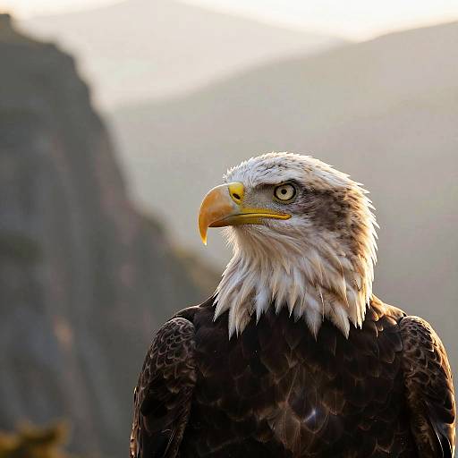 Photograph of a majestic bald eagle with intense yellow eyes and sharp beak, set against a blurred mountainous background.