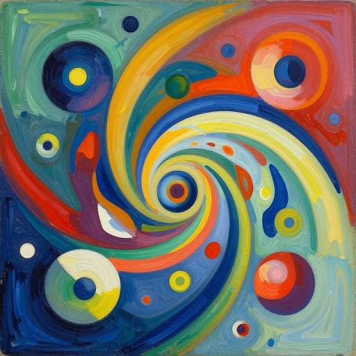 Vibrant abstract painting with swirling yellow, blue, red, and green curves, dotted with colorful circles and dots, creating a dynamic, hypnotic