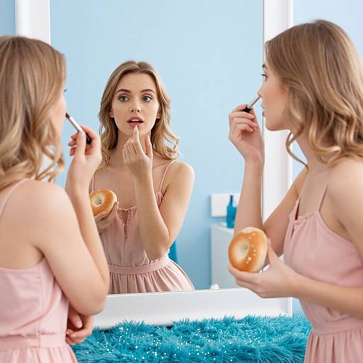 Photograph of two blonde women in pink dresses, applying makeup in a brightly lit bathroom with blue fur rug, holding donuts.