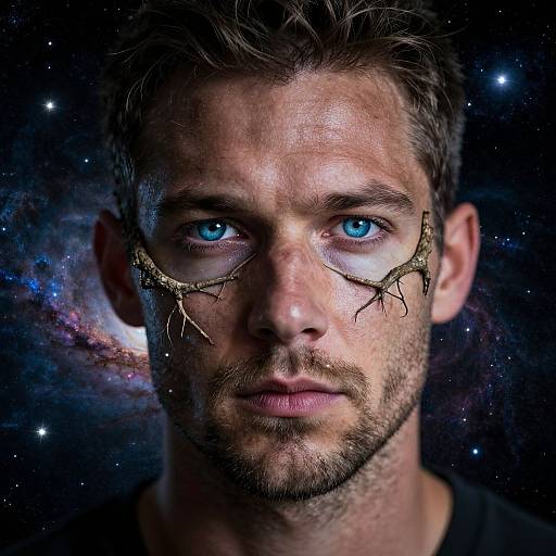 Photograph of a serious, blue-eyed, bearded man with cracked face makeup resembling lightning bolts, set against a starry, nebula-filled space