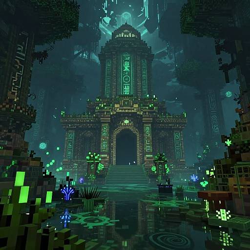 Pixel art of a glowing, ancient temple with neon green runes, illuminated by blue and green bioluminescent plants in a foggy forest.