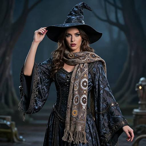 Photograph of a mysterious, dark-haired witch with a blue, star-patterned dress, ornate scarf, and wide-brimmed hat, standing