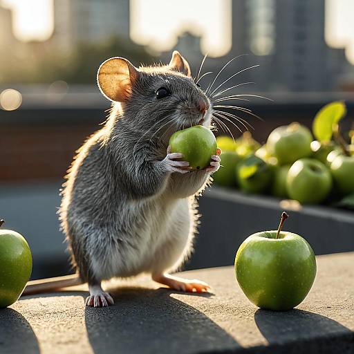 Mouse Holding Green Apple in Urban Rooftop Garden