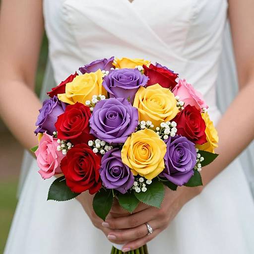 Bride's Hands Holding Colorful Rose Bouquet