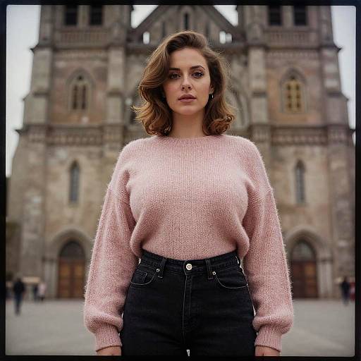 Photograph of a brown-haired woman in a pink knit sweater and black high-waisted jeans standing in front of a Gothic cathedral.
