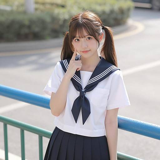 Young Asian Woman in Sailor Uniform Outdoors