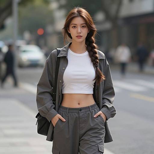 Photograph of a young Asian woman with long braided hair, wearing a white crop top and gray military-style jacket and pants, standing confidently on an