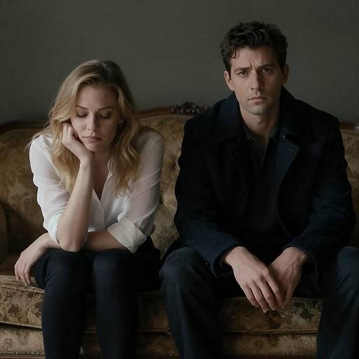 Photograph of a sad, blonde woman in a white blouse and black pants sitting beside a serious, dark-haired man in a black coat on a vintage