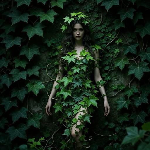 Photograph of a mysterious woman with dark hair, standing amidst dark green ivy leaves, partially hidden, with intense, shadowed expression.