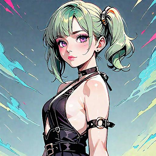 Digital anime-style drawing of a green-haired girl with purple eyes, wearing a black leather harness, against a dynamic blue gradient background with neon streaks.