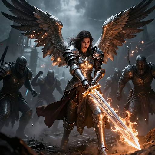 Digital fantasy artwork: Angelic warrior in black armor with fiery sword, large black wings, facing armored enemies in dark, smoky battlefield.