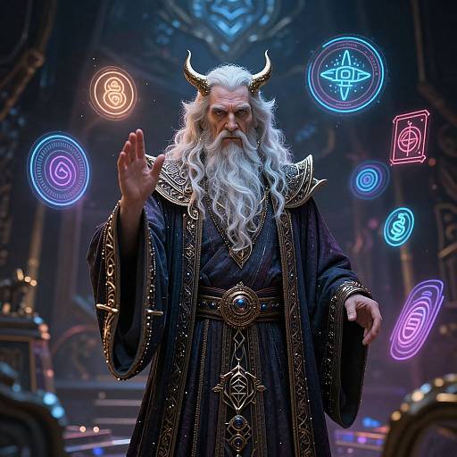 Digital artwork of a white-bearded, horned wizard in ornate black robes, casting a spell with glowing magical symbols floating around him in a dark