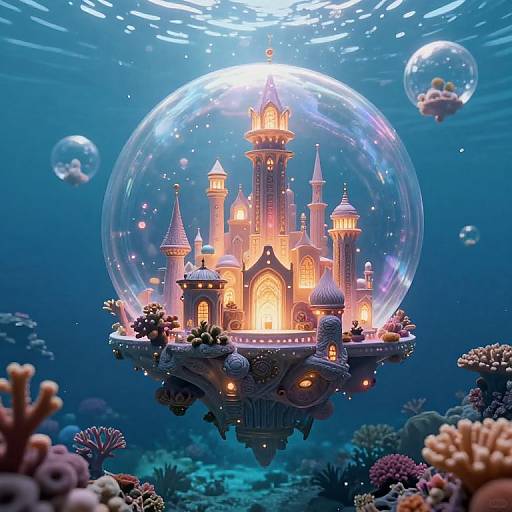 Digital art: Underwater scene with glowing castle inside a transparent bubble, surrounded by colorful coral and bubbles, illuminated by soft blue light.