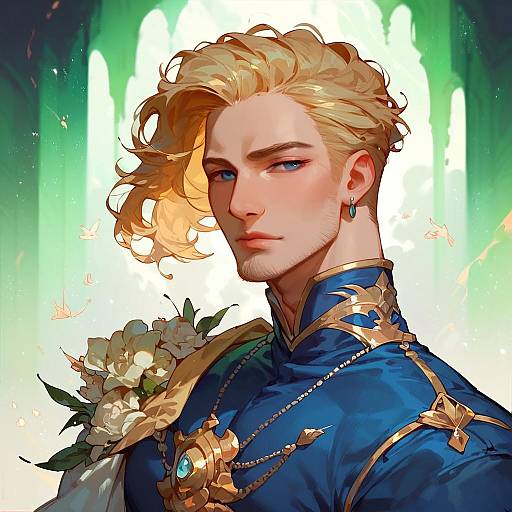 Digital anime-style portrait of a handsome, blonde, blue-eyed man with wavy hair, wearing a blue, gold-embellished robe, e