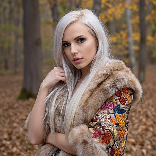 Photograph of a blonde woman with long white hair, wearing a colorful floral dress with a fur stole, standing in a fall forest.