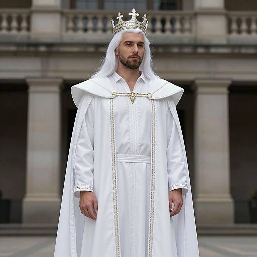 Photograph of a bearded man with long white hair, wearing a white royal robe, gold cross necklace, and crown, standing in front of a