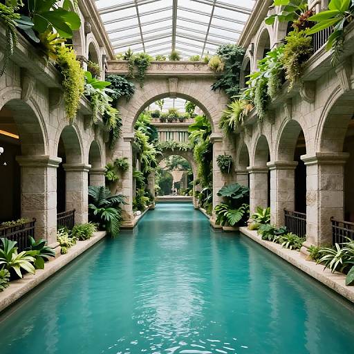 Photograph of a lush, indoor botanical garden with a turquoise pool, stone arches, and greenery under a glass ceiling.