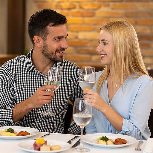 Photograph of a smiling couple with light hair, holding wine glasses, seated at a restaurant table with food, checkered and light blue shirts, brick