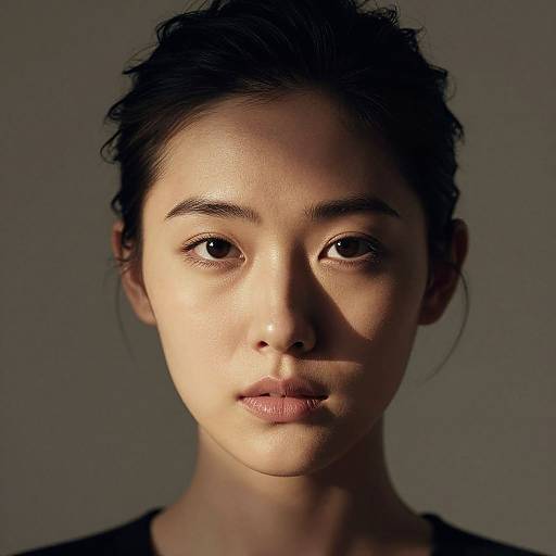 Photograph of an Asian woman with medium skin tone, dark curly hair, and neutral expression, illuminated from the left, against a dark gray background.