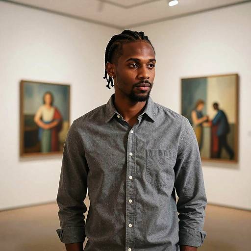 Photograph of a Black man with dreadlocks, wearing a gray button-up shirt, standing in an art gallery with two blurred portraits in the background.