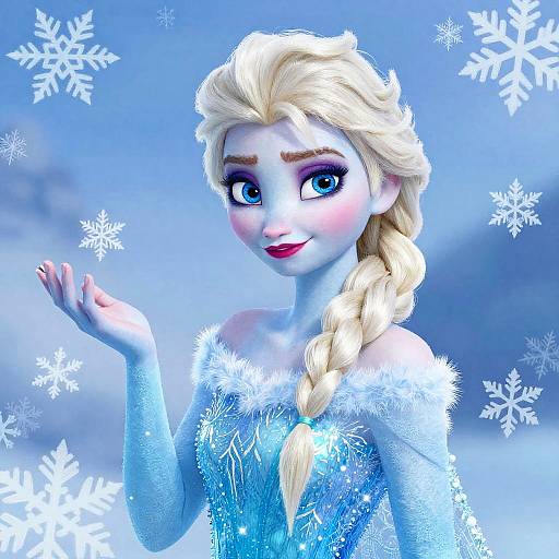 Digital illustration of Elsa from Frozen, with blue skin, blonde braid, and blue icy dress, waving against a snowy blue background.