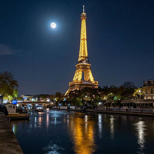 Photograph of the illuminated Eiffel Tower at night, reflecting in the Seine River under a bright full moon, surrounded by trees and city lights