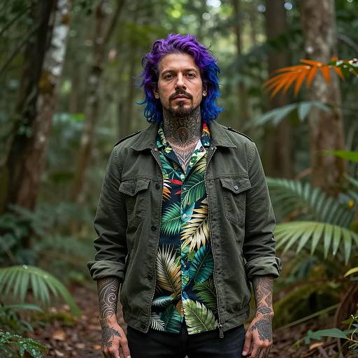 Tattooed man with vibrant hair in forest
