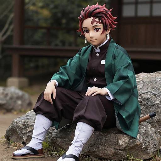 Digital anime-style drawing of a red-haired boy with spiky hair, wearing a green kimono, black hakama, white tabi socks, and sandals
