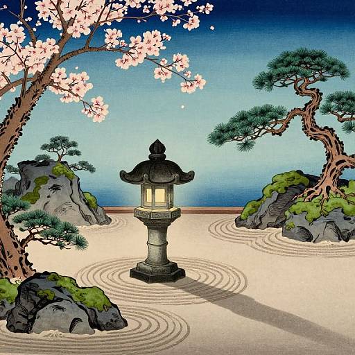 Traditional Japanese garden scene with a lit lantern, cherry blossoms, pine trees, rocky formations, and a serene raked gravel path. Digital art.