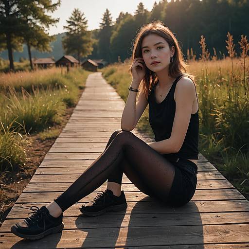 Young Woman Sitting on Wooden Boardwalk in Nature