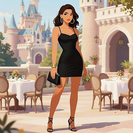 Stylish Woman in Castle Courtyard