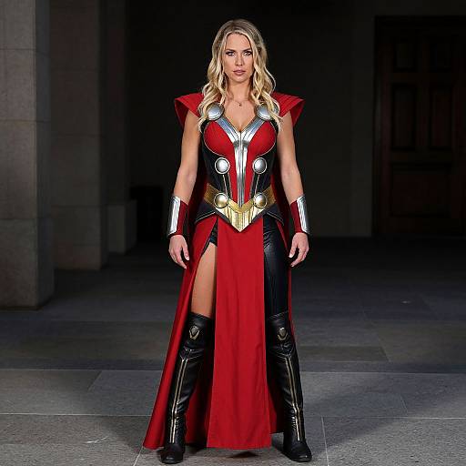 Photograph of a blonde woman in a red and black superhero costume with gold accents, thigh-high boots, and a high slit, standing on a dim