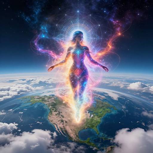 Silhouetted figure with glowing, multicolored aura floating above Earth, surrounded by cosmic patterns, against a starry sky background. Digital art