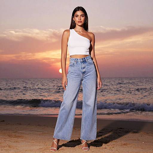 Photograph of a young woman with long black hair, wearing a white one-shoulder top and high-waisted blue jeans, standing on a