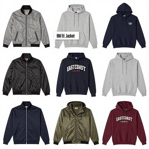 Photograph of nine hoodies in various colors and styles, including black, gray, navy, olive green, burgundy, and white, with labels