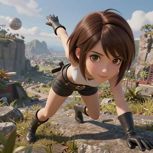 CGI anime-style girl with brown bob, black shorts, gloves, and boots, crouches on rocky ledge, overlooking a scenic mountain village.
