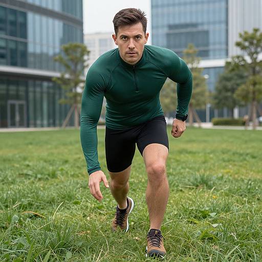 Athlete Ready to Run in Urban Greenery