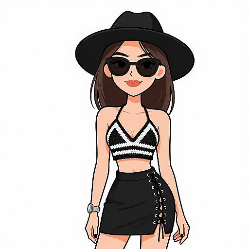 Digital drawing of a stylish woman with dark brown hair, black wide-brim hat, sunglasses, black crop top, and lace-up black skirt.