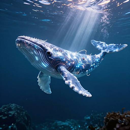 Photograph of a majestic, glowing blue whale underwater, illuminated by sunlight beams, swimming gracefully with outstretched flippers near a coral reef.
