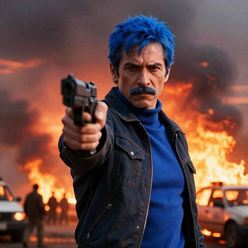 Intense Blue-Haired Man with Gun