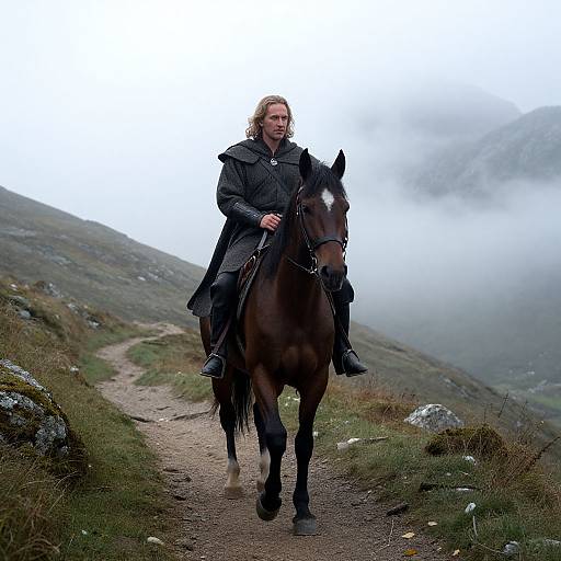 Photograph of a long-haired man in a black coat riding a brown horse on a misty mountain trail with rocky terrain.