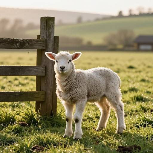 Photograph of a fluffy, white lamb standing in a sunlit, grassy field, next to a wooden fence, with blurred hills and trees in