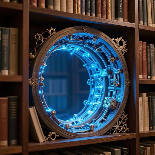 Magical Blue Portal Among Library Books