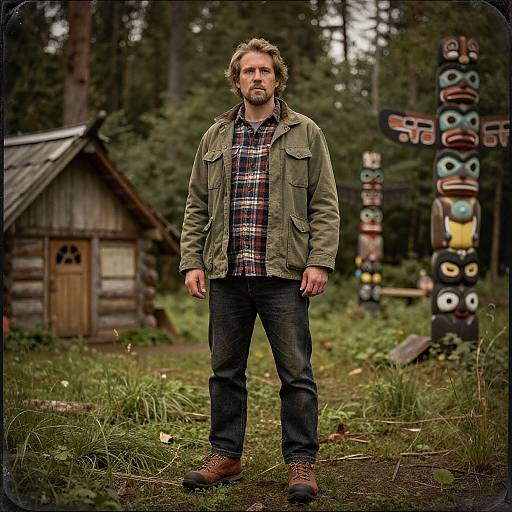 Photograph of a bearded man in a green jacket, plaid shirt, and jeans standing in a forest clearing with a wooden cabin and totem