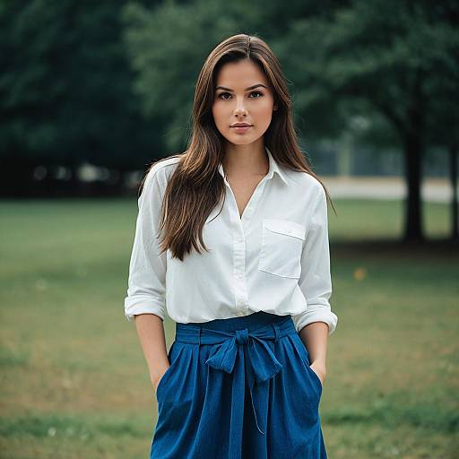 Young woman in white shirt and blue skirt outdoors