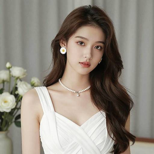 Photograph of an East Asian woman with long, wavy brown hair, wearing a white dress, pearl necklace, and daisy earrings, standing against