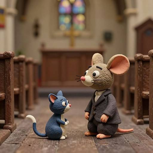 Photorealistic CGI of a blue cartoon cat and a gray mouse in suits standing in a wooden church aisle, facing each other, with colorful stained glass